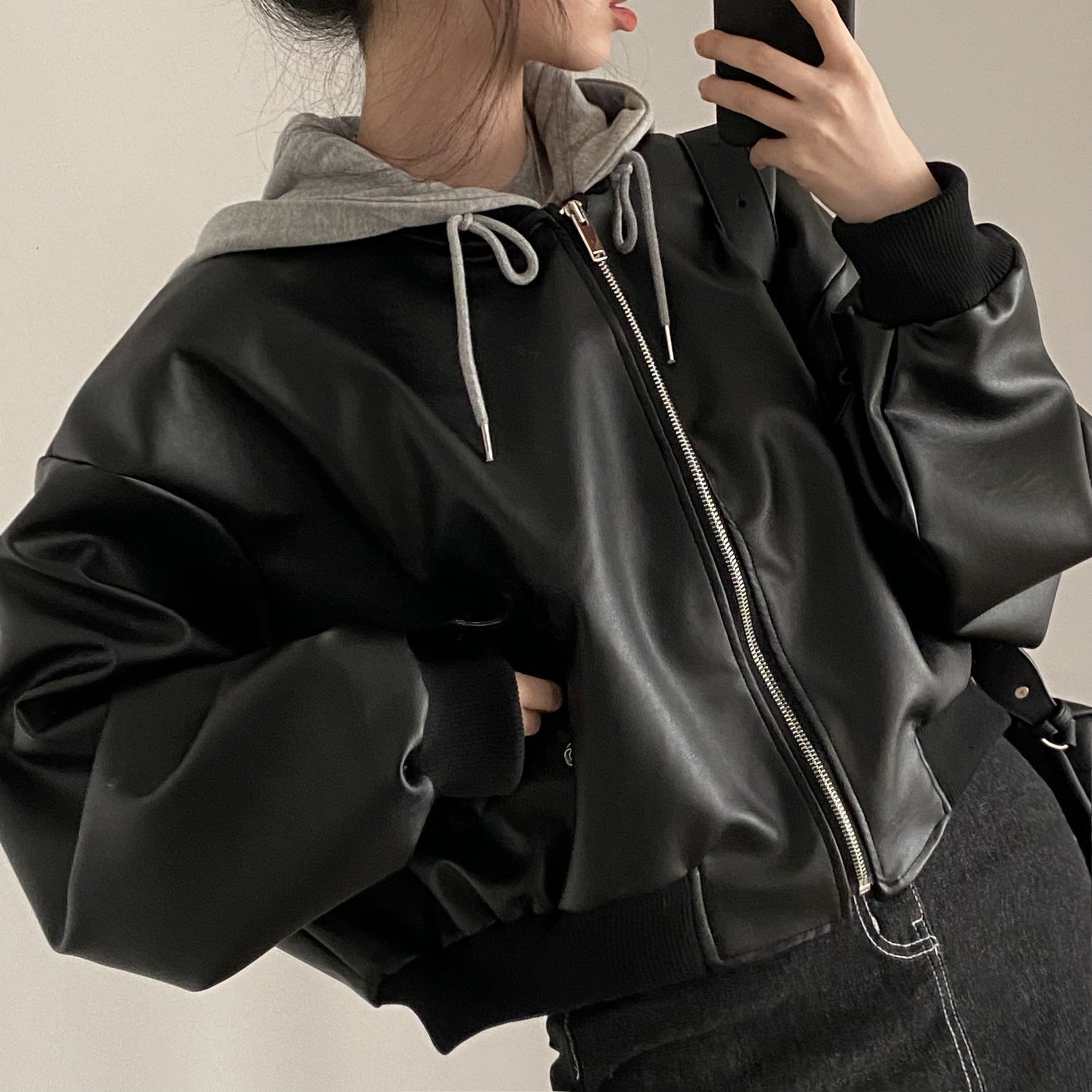 Fake Two-piece Short Leather Jacket Coat - Black / Free Size