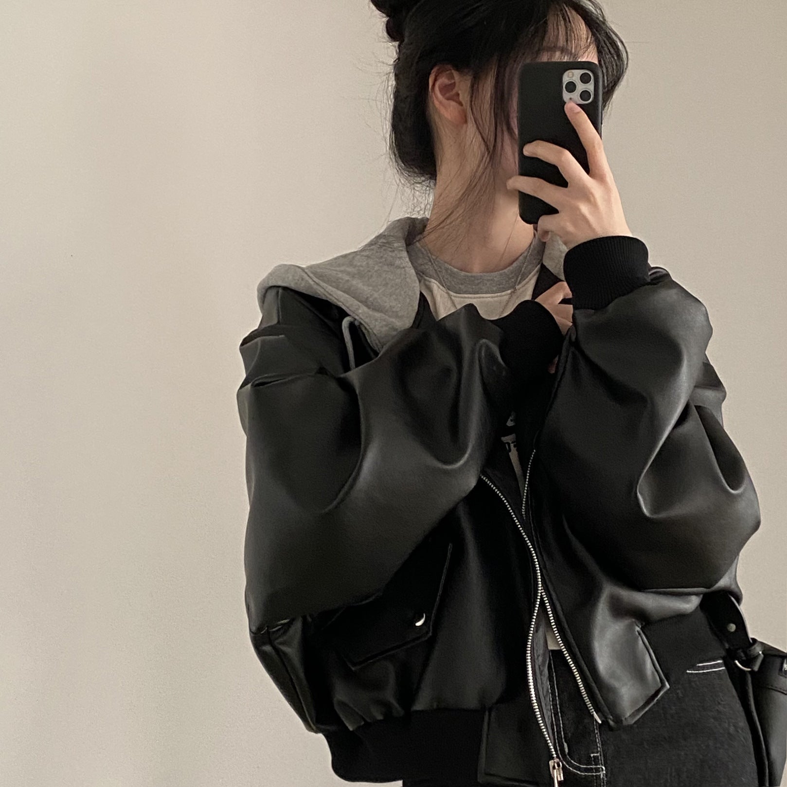 Fake Two-piece Short Leather Jacket Coat - Black / Free Size