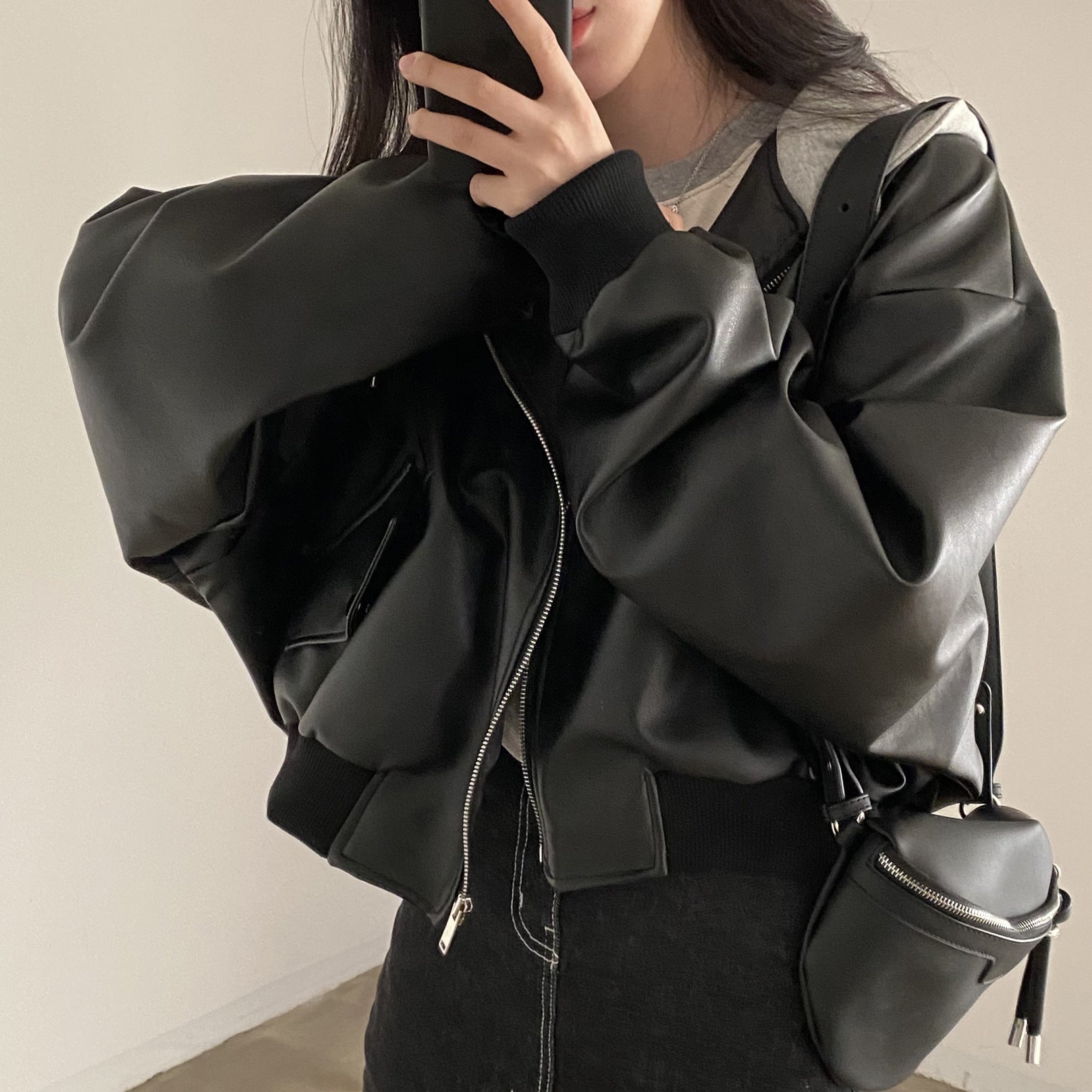 Fake Two-piece Short Leather Jacket Coat - Black / Free Size