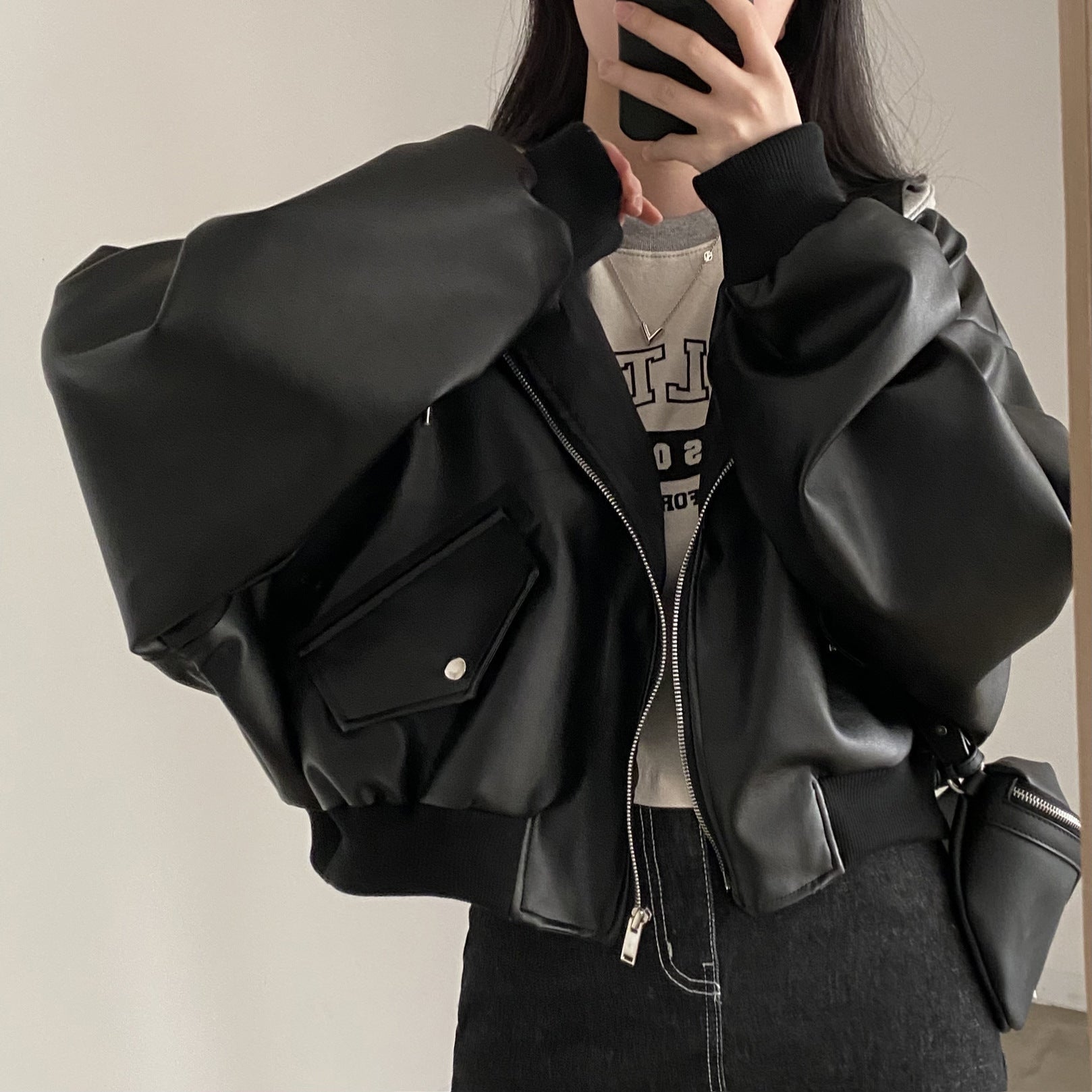Fake Two-piece Short Leather Jacket Coat - Black / Free Size