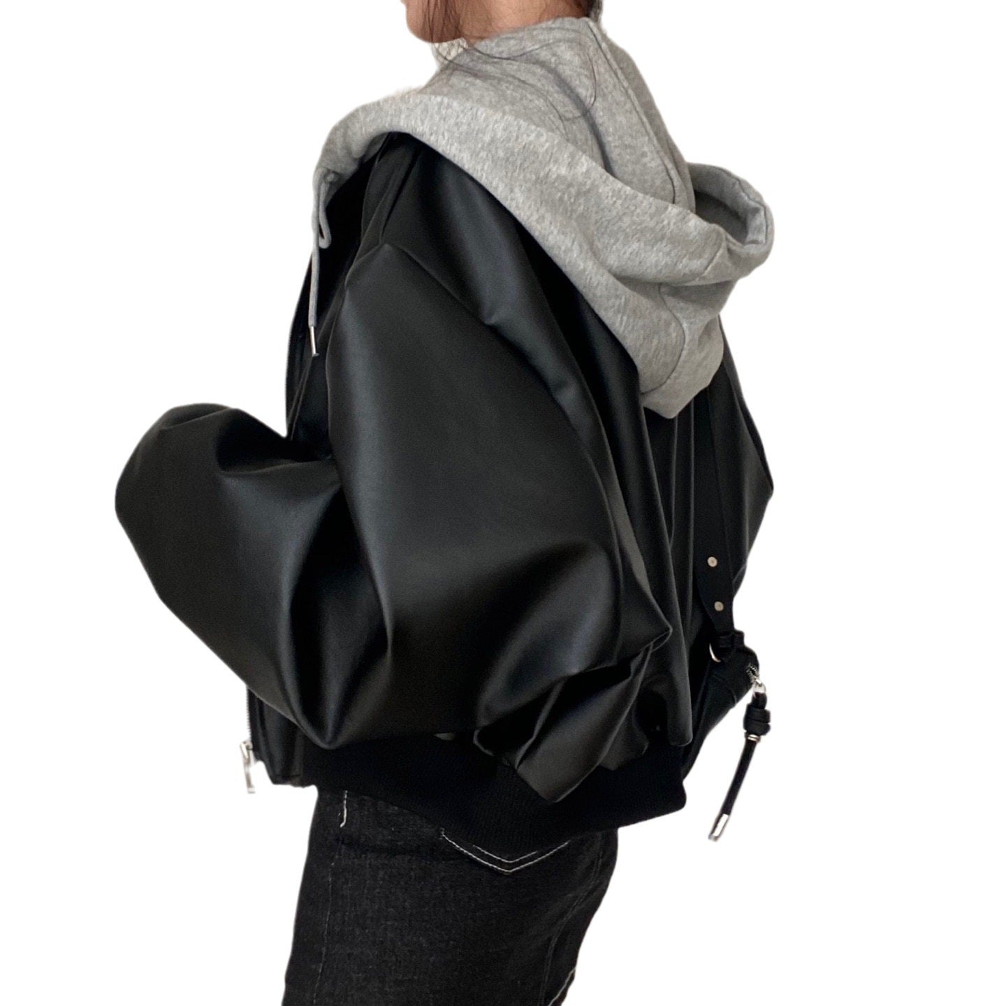 Fake Two-piece Short Leather Jacket Coat - Black / Free Size