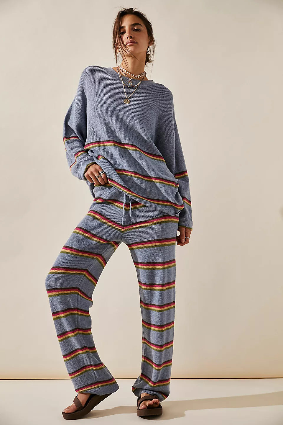 Women’s Clothing Temperament Crew Neck Long Sleeve Striped Two-piece Sweater Loose Casual Trousers