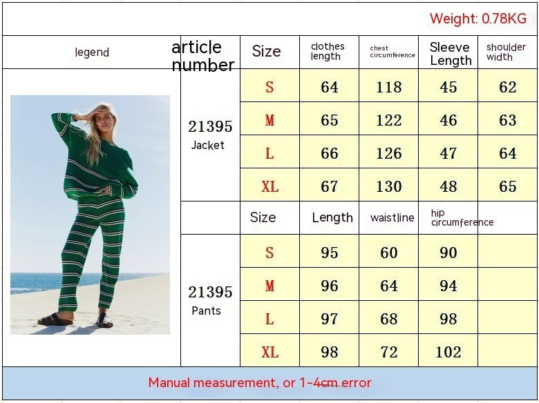 Women’s Clothing Temperament Crew Neck Long Sleeve Striped Two-piece Sweater Loose Casual Trousers