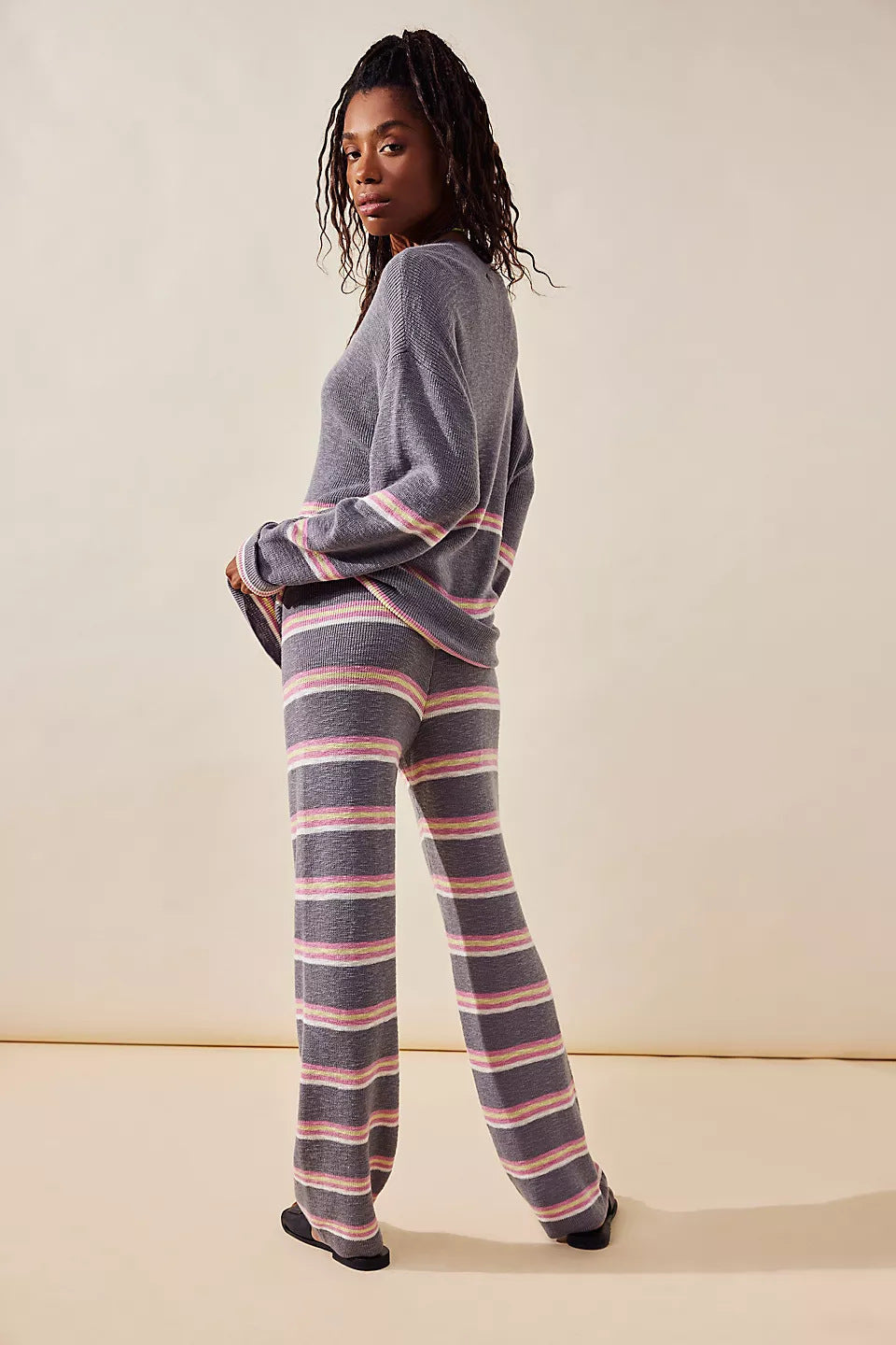 Women’s Clothing Temperament Crew Neck Long Sleeve Striped Two-piece Sweater Loose Casual Trousers - Gray / S