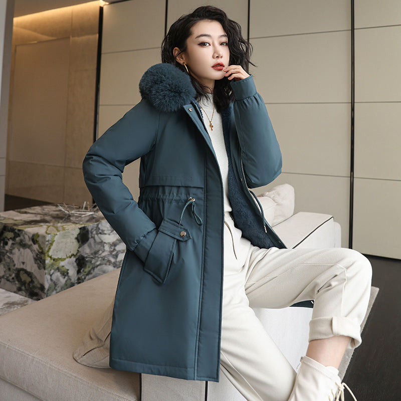 Korean Style Small Waist Down Coat - Dark Green / M