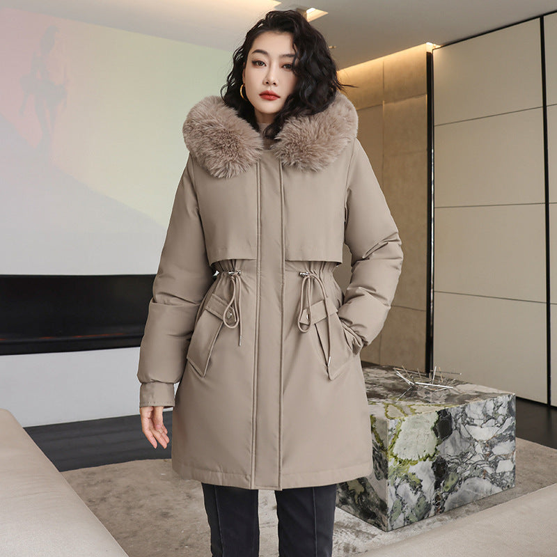Korean Style Small Waist Down Coat - Khaki / M