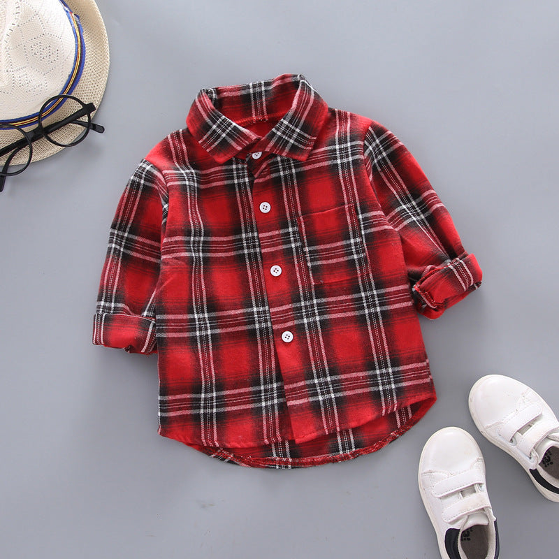 Boys And Girls Plaid Shirts Korean Style Loose Lapel Long Sleeves - Red / 80cm
