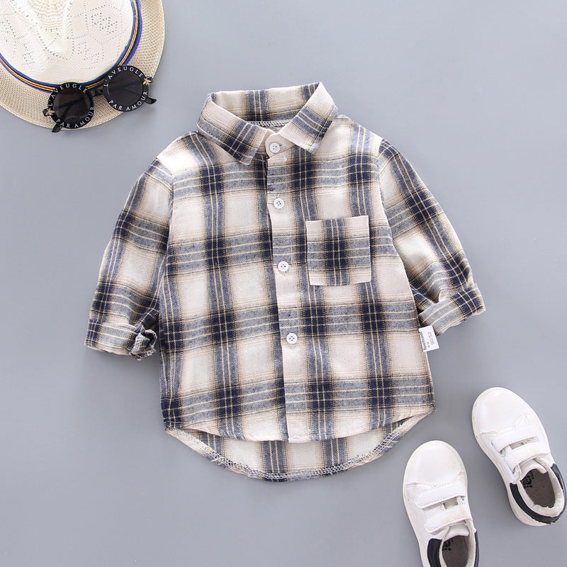 Boys And Girls Plaid Shirts Korean Style Loose Lapel Long Sleeves - White / 80cm
