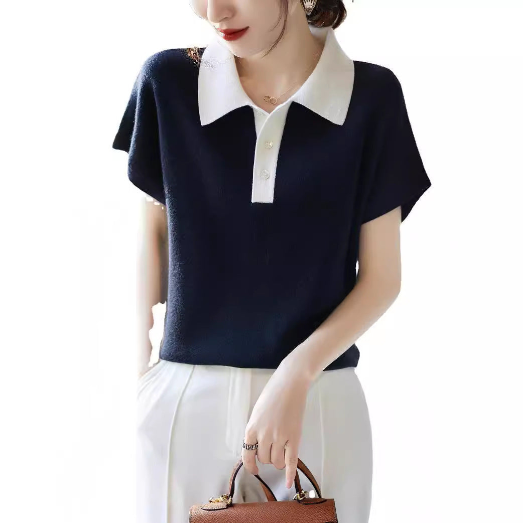 Women’s Korean-style Polo Collar Top - Navy Blue / S
