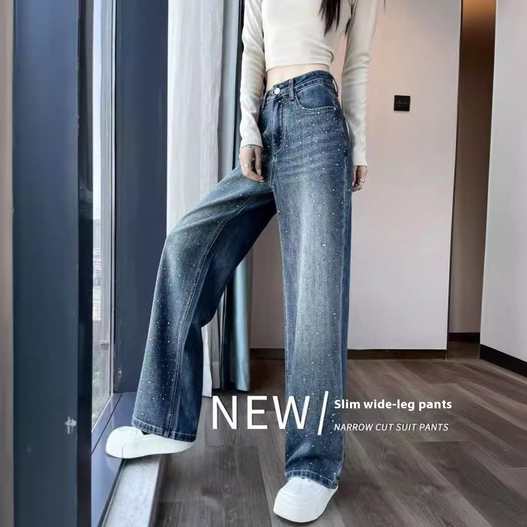 Korean Style Rhinestone High Waist Narrow Wide Leg Jeans
