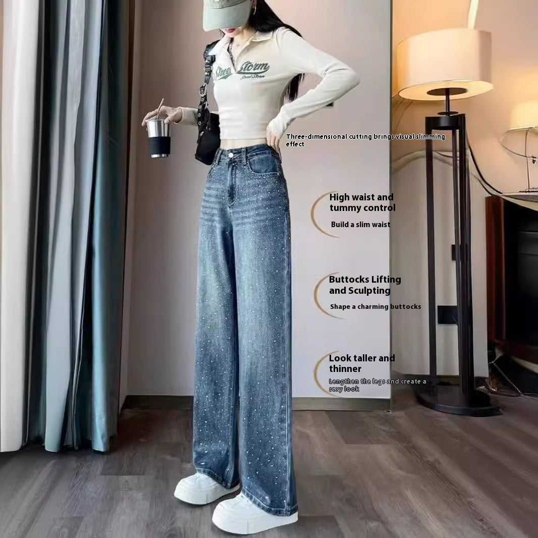 Korean Style Rhinestone High Waist Narrow Wide Leg Jeans