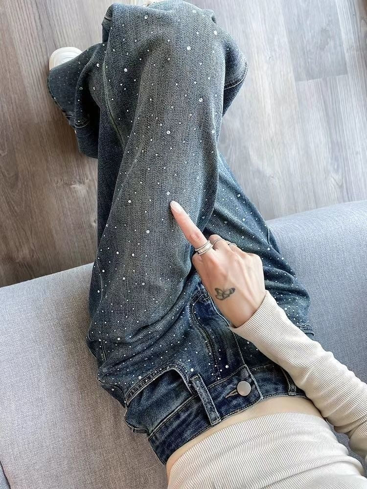 Korean Style Rhinestone High Waist Narrow Wide Leg Jeans - Dark Blue Pants / S