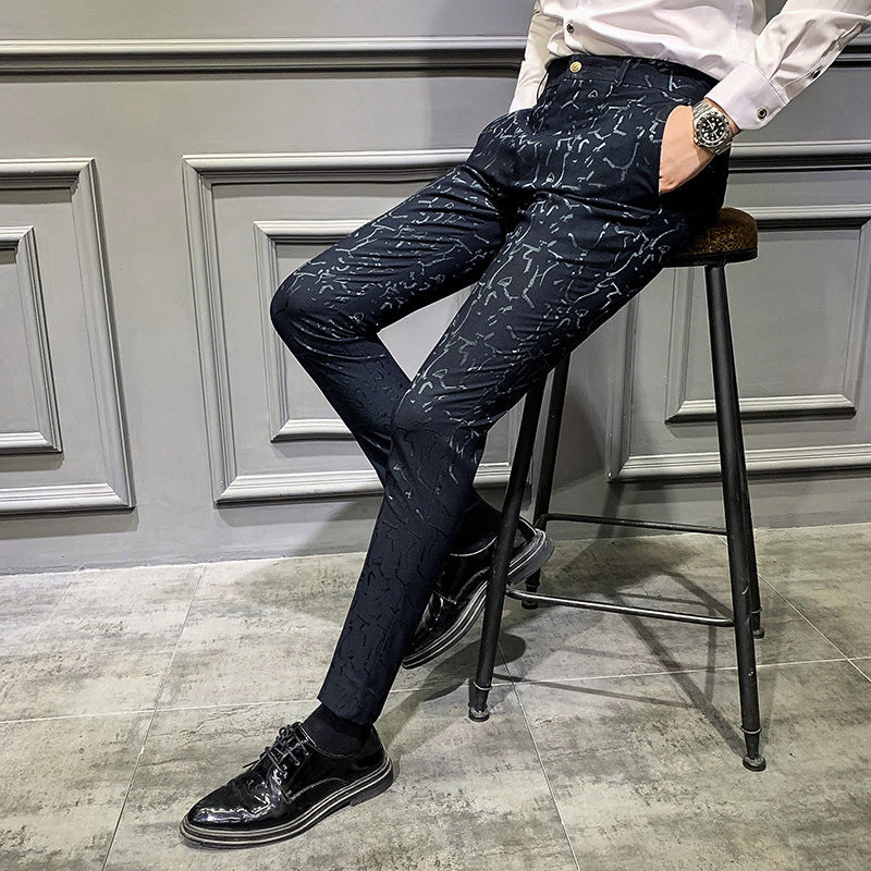 Men’s Trousers Korean Style Slim Fashion Jacquard Thinning Hair Stylist Feet Pants