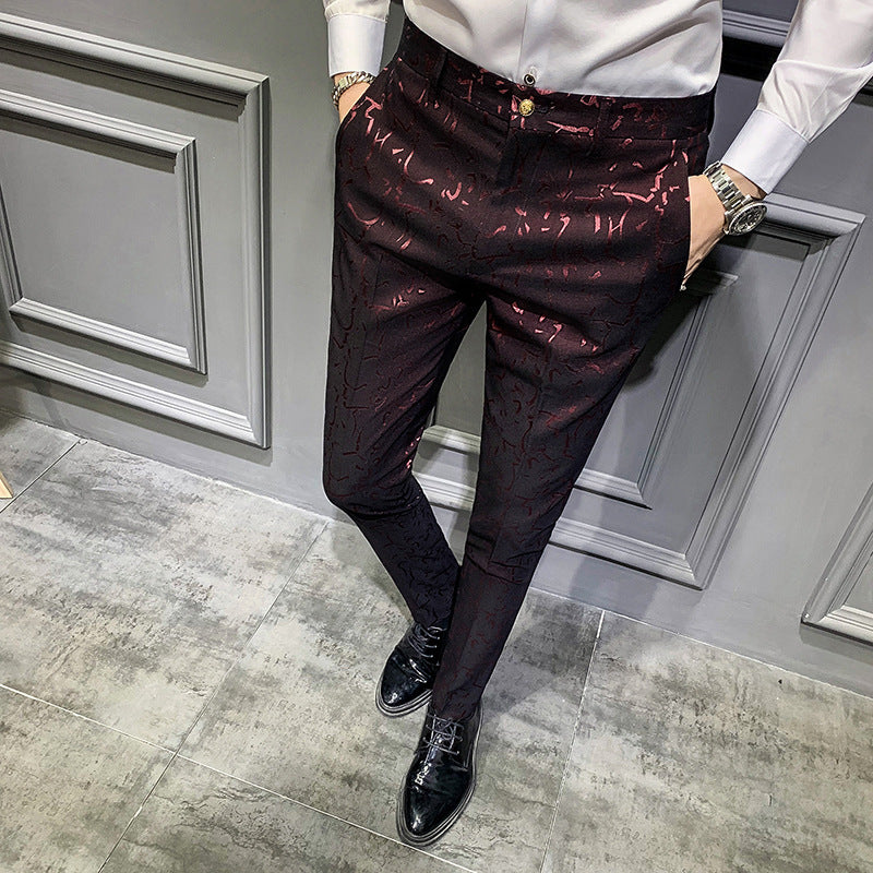 Men’s Trousers Korean Style Slim Fashion Jacquard Thinning Hair Stylist Feet Pants - Red / 28