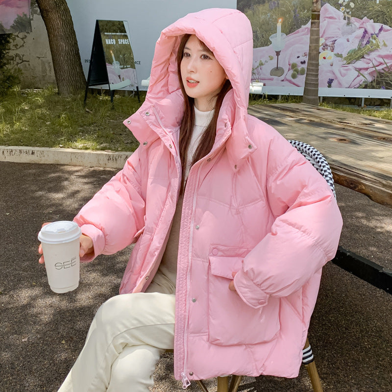 Women’s White Duck Down Korean Style Slimming Hooded Thick Down Jacket - Pink / Average Size