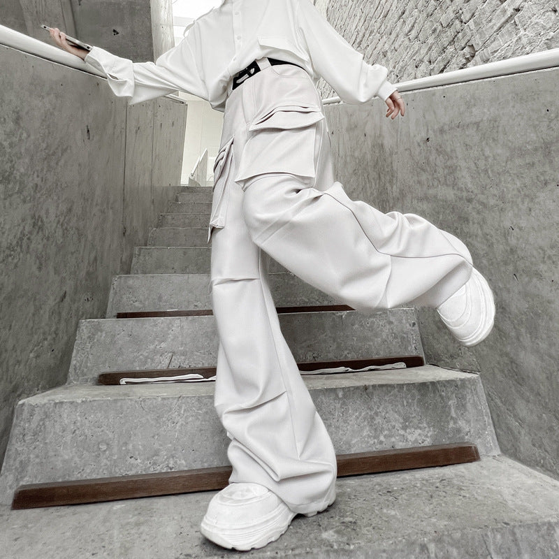 Non-gender Wear Multi-pocket Functional Wide-leg Pants Casual - Apricot / M