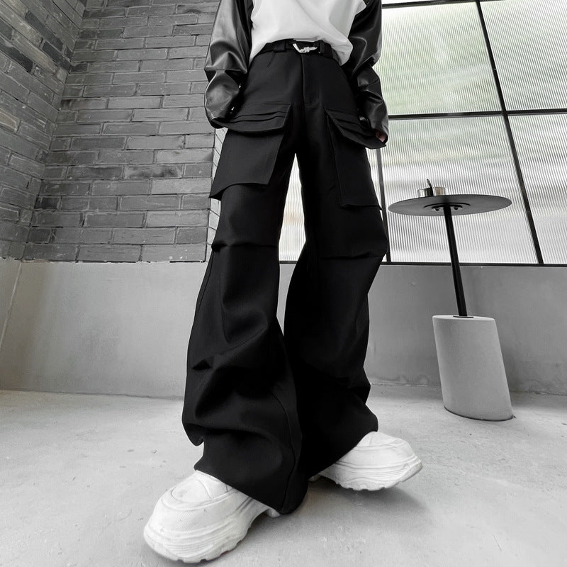 Non-gender Wear Multi-pocket Functional Wide-leg Pants Casual - Black / M