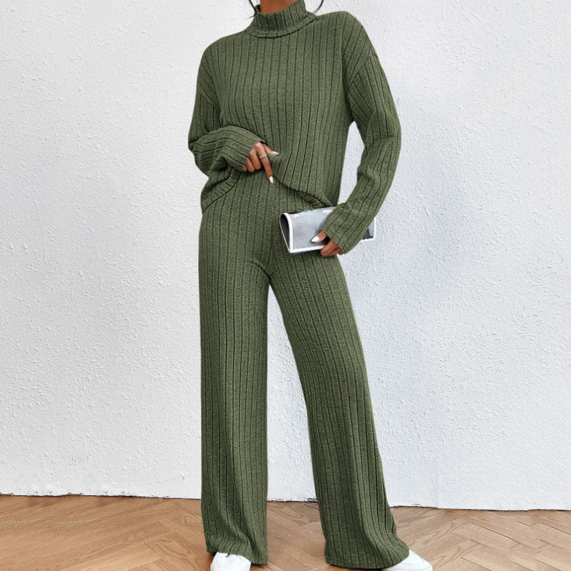 Autumn And Winter Leisure Turtleneck Knitting Long-sleeve Suit Women’s Sweater Loose Trousers Two-piece Set - Army