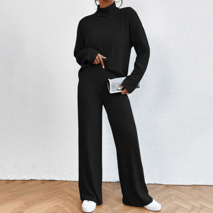 Autumn And Winter Leisure Turtleneck Knitting Long-sleeve Suit Women’s Sweater Loose Trousers Two-piece Set - Black / S
