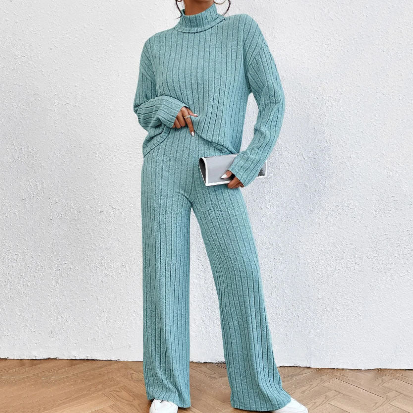 Autumn And Winter Leisure Turtleneck Knitting Long-sleeve Suit Women’s Sweater Loose Trousers Two-piece Set - Blue / S
