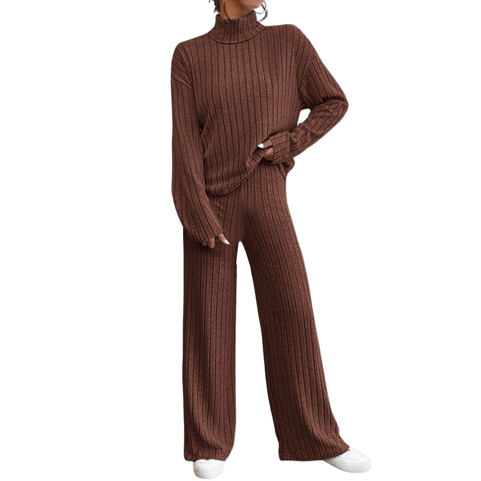 Autumn And Winter Leisure Turtleneck Knitting Long-sleeve Suit Women’s Sweater Loose Trousers Two-piece Set - Coffee / L