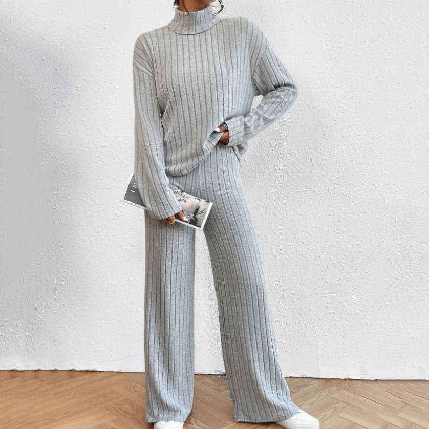 Autumn And Winter Leisure Turtleneck Knitting Long-sleeve Suit Women’s Sweater Loose Trousers Two-piece Set - Gray / S