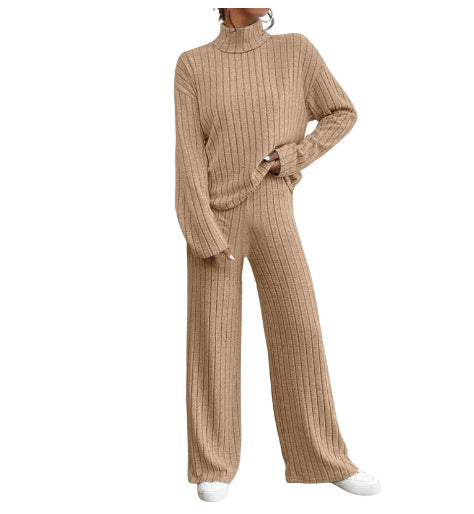 Autumn And Winter Leisure Turtleneck Knitting Long-sleeve Suit Women’s Sweater Loose Trousers Two-piece Set - Khaki / M