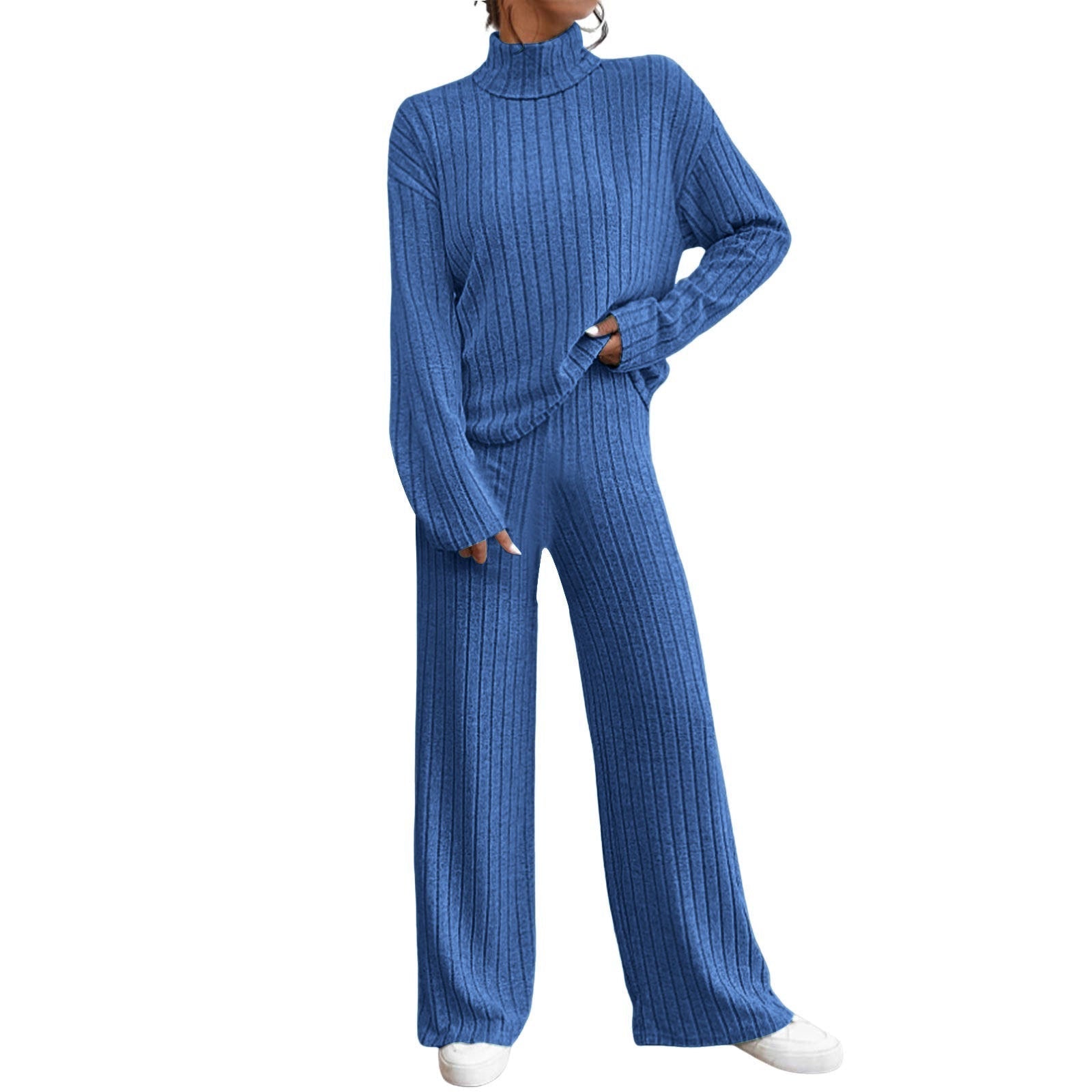 Autumn And Winter Leisure Turtleneck Knitting Long-sleeve Suit Women’s Sweater Loose Trousers Two-piece Set - Royal