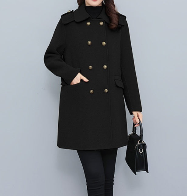 Korean Style Wool Double Breasted Coat For Women - Black / M
