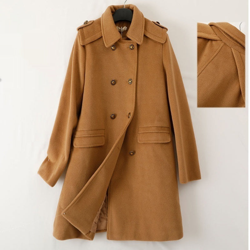Korean Style Wool Double Breasted Coat For Women - Golden Brown / M
