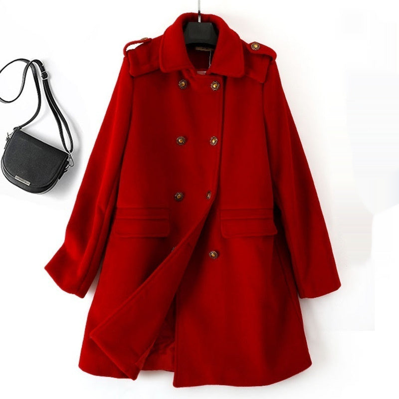 Korean Style Wool Double Breasted Coat For Women - Red / M