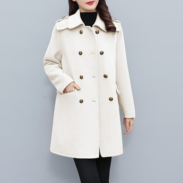 Korean Style Wool Double Breasted Coat For Women - White Moonlight / M