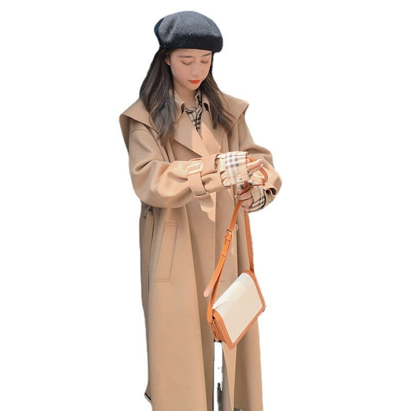 Korean Style Loose Thick Mid-length Temperament Woolen Coat - Khaki / S