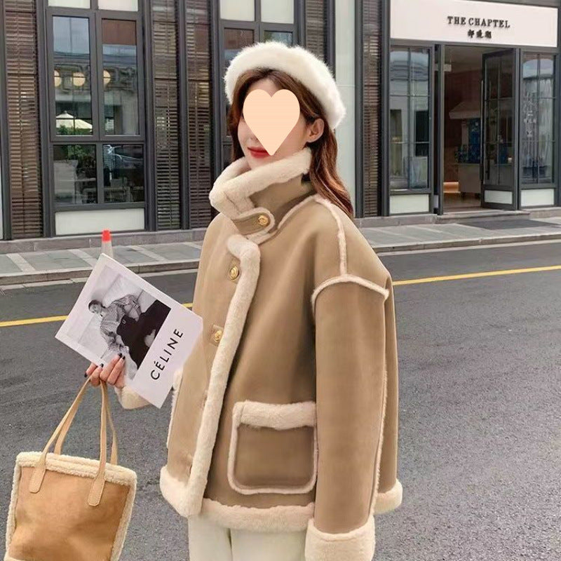 Women’s Korean Suede Motorcycle Clothing Berber Fleece Coat - Fall Khaki / S