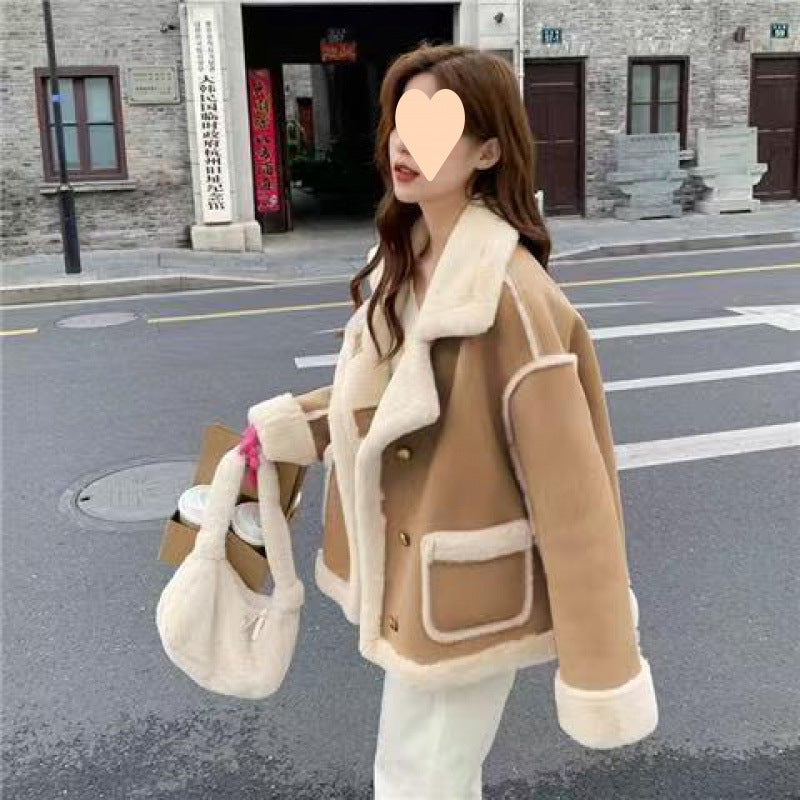 Women’s Korean Suede Motorcycle Clothing Berber Fleece Coat - Khaki Season / S