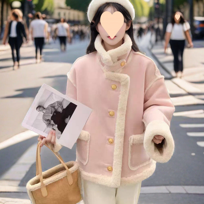Women’s Korean Suede Motorcycle Clothing Berber Fleece Coat - Pink Winter / S