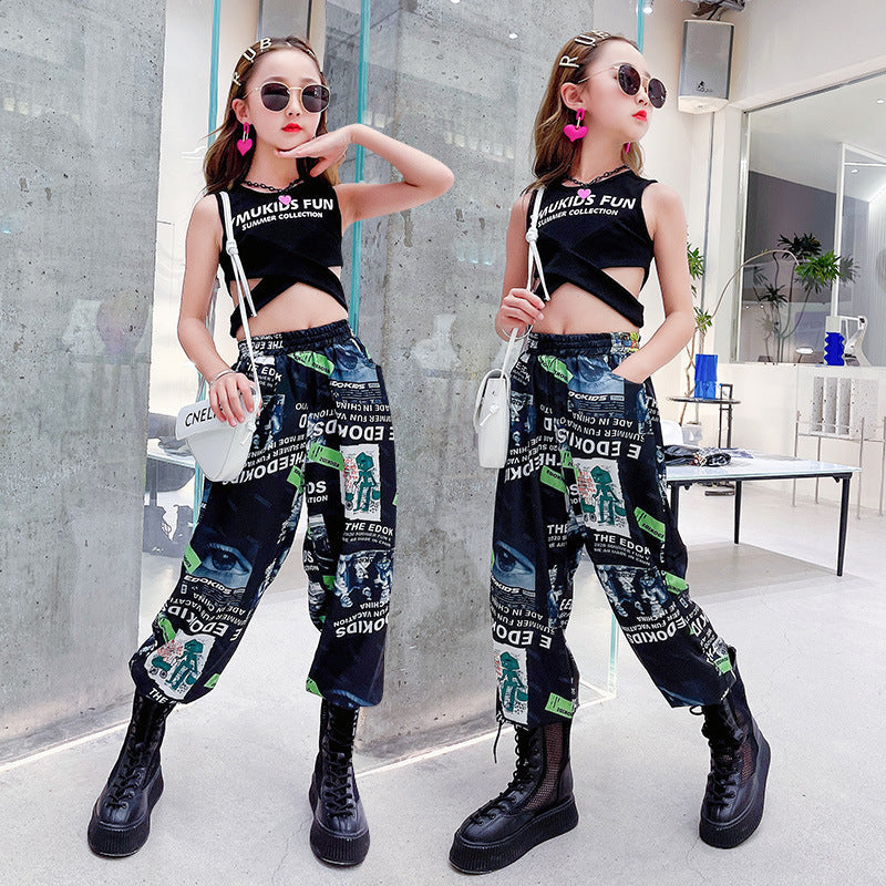 Children’s Anti-mosquito Summer Clothes Foreign Style Big Children Wear Sports Pants - Black suit / 110cm