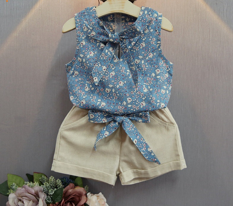 Sleeveless Bow Vest Plus Shorts Set - Floral khaki blue / 100cm
