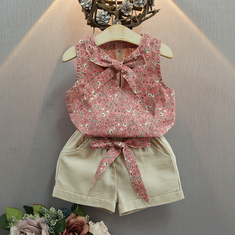 Sleeveless Bow Vest Plus Shorts Set - Floral khaki pink / 100cm