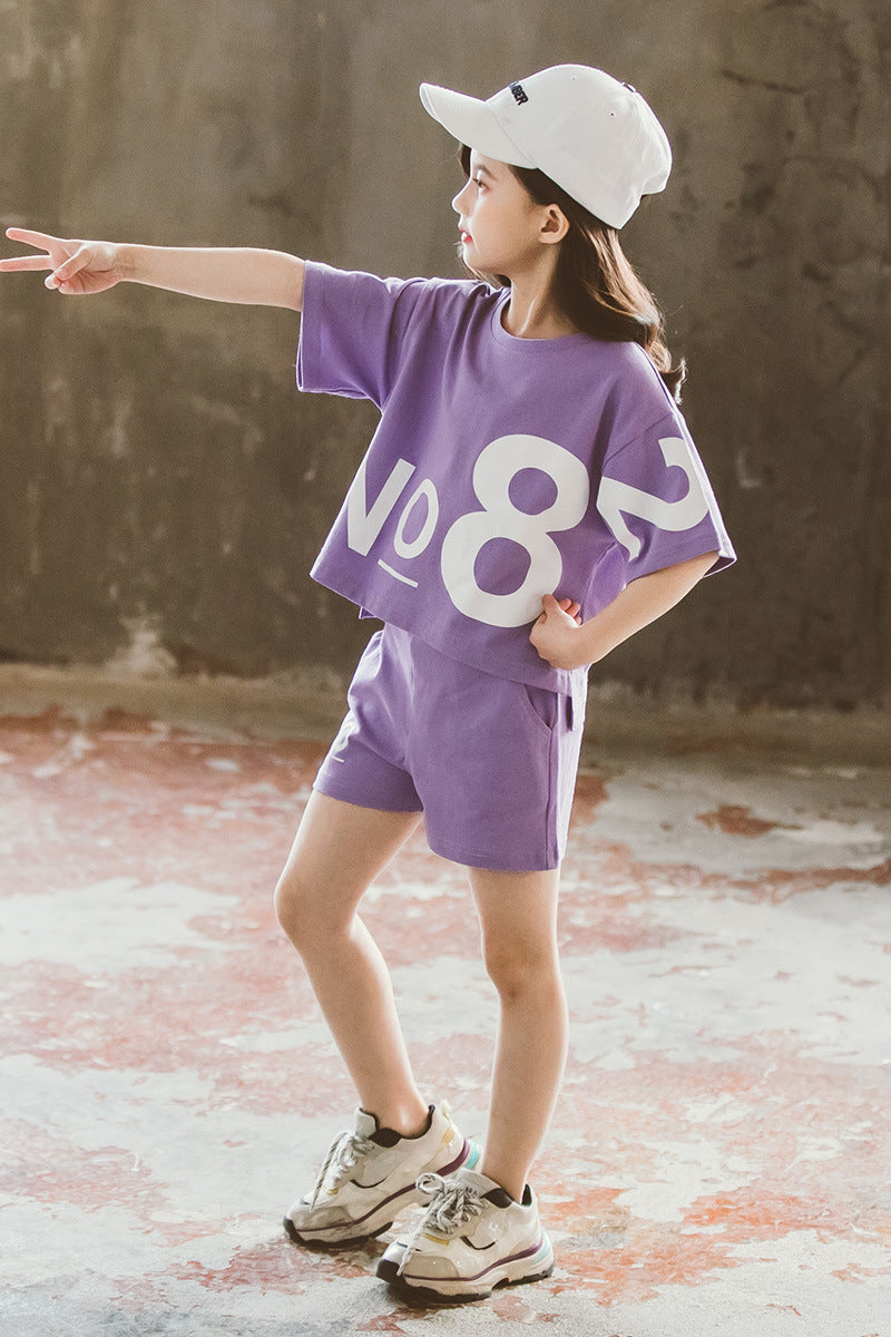 Loose Children’s Wear Girl Short-sleeved Big Kids Sports Two-piece Suit