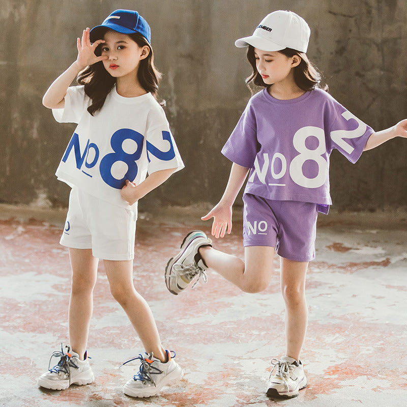 Loose Children’s Wear Girl Short-sleeved Big Kids Sports Two-piece Suit