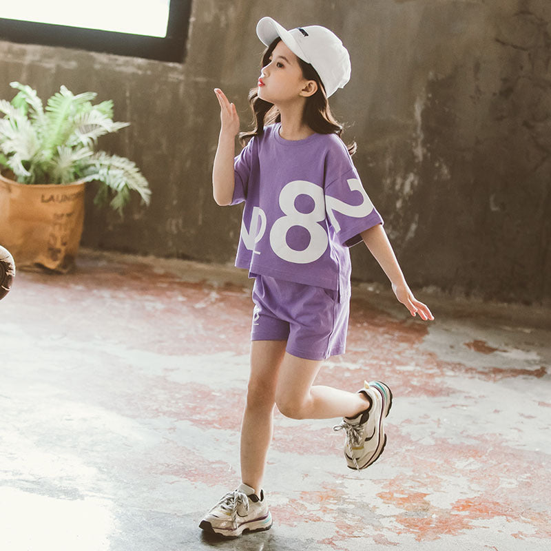 Loose Children’s Wear Girl Short-sleeved Big Kids Sports Two-piece Suit - Purple / 110cm