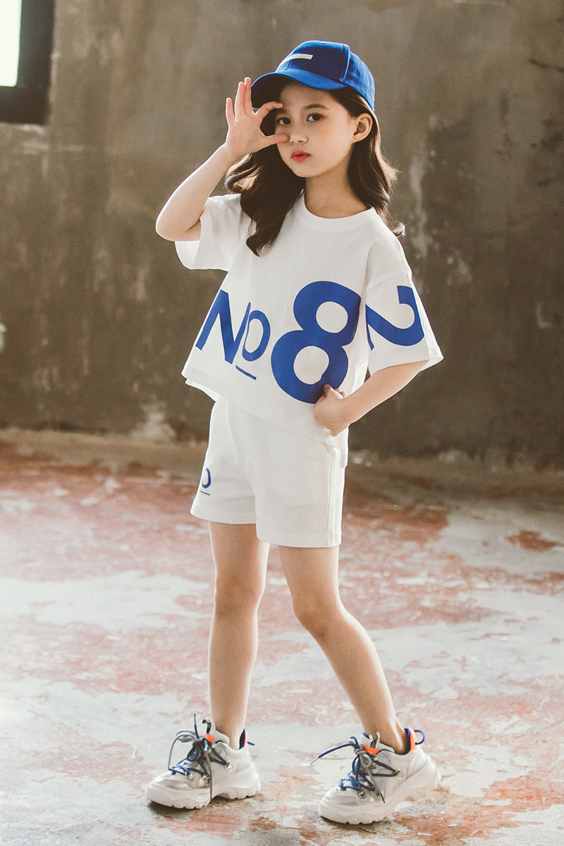 Loose Children’s Wear Girl Short-sleeved Big Kids Sports Two-piece Suit - White / 110cm