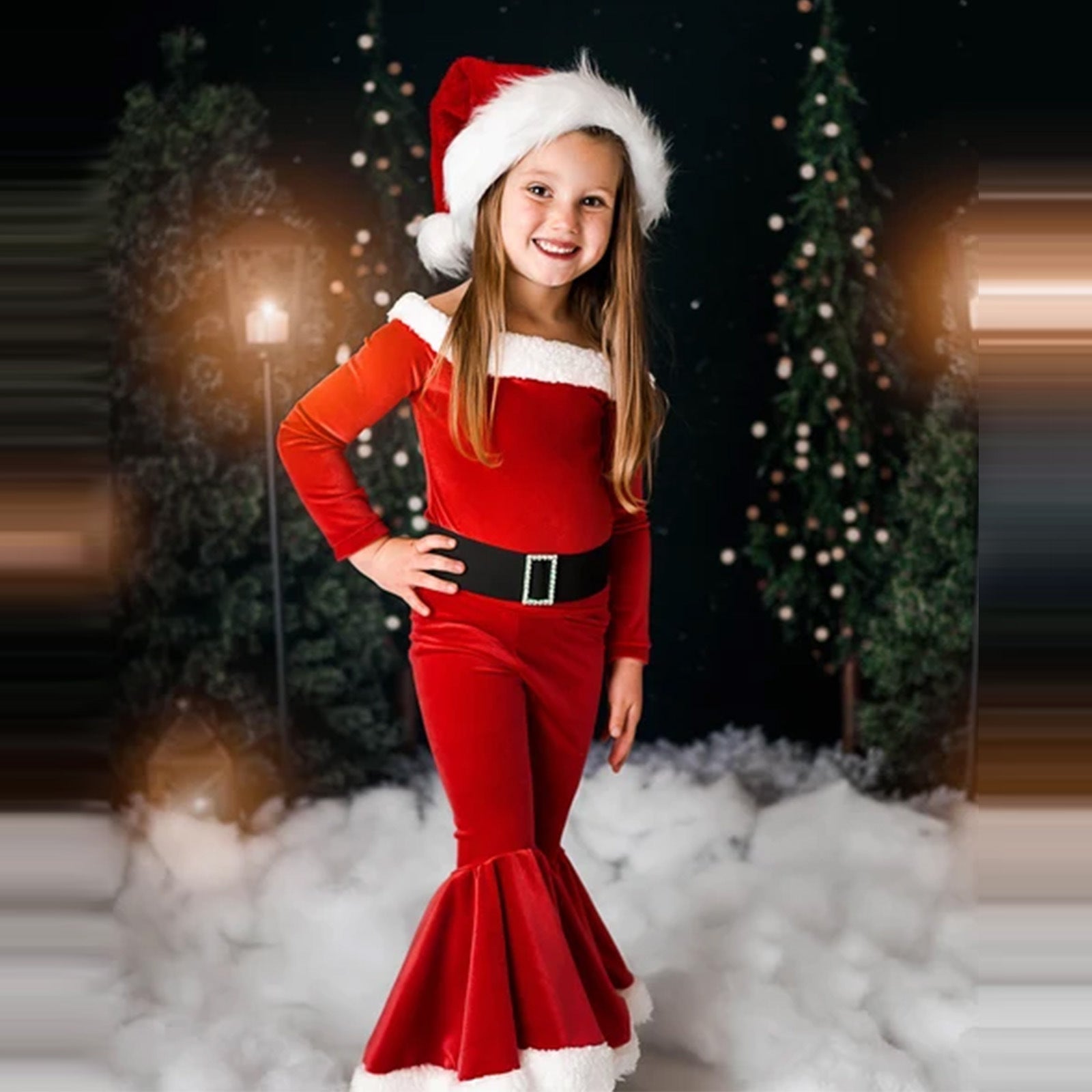 Winter Christmas Long-sleeved Shirt Bell Bottoms Hat Three-piece Children’s Clothing