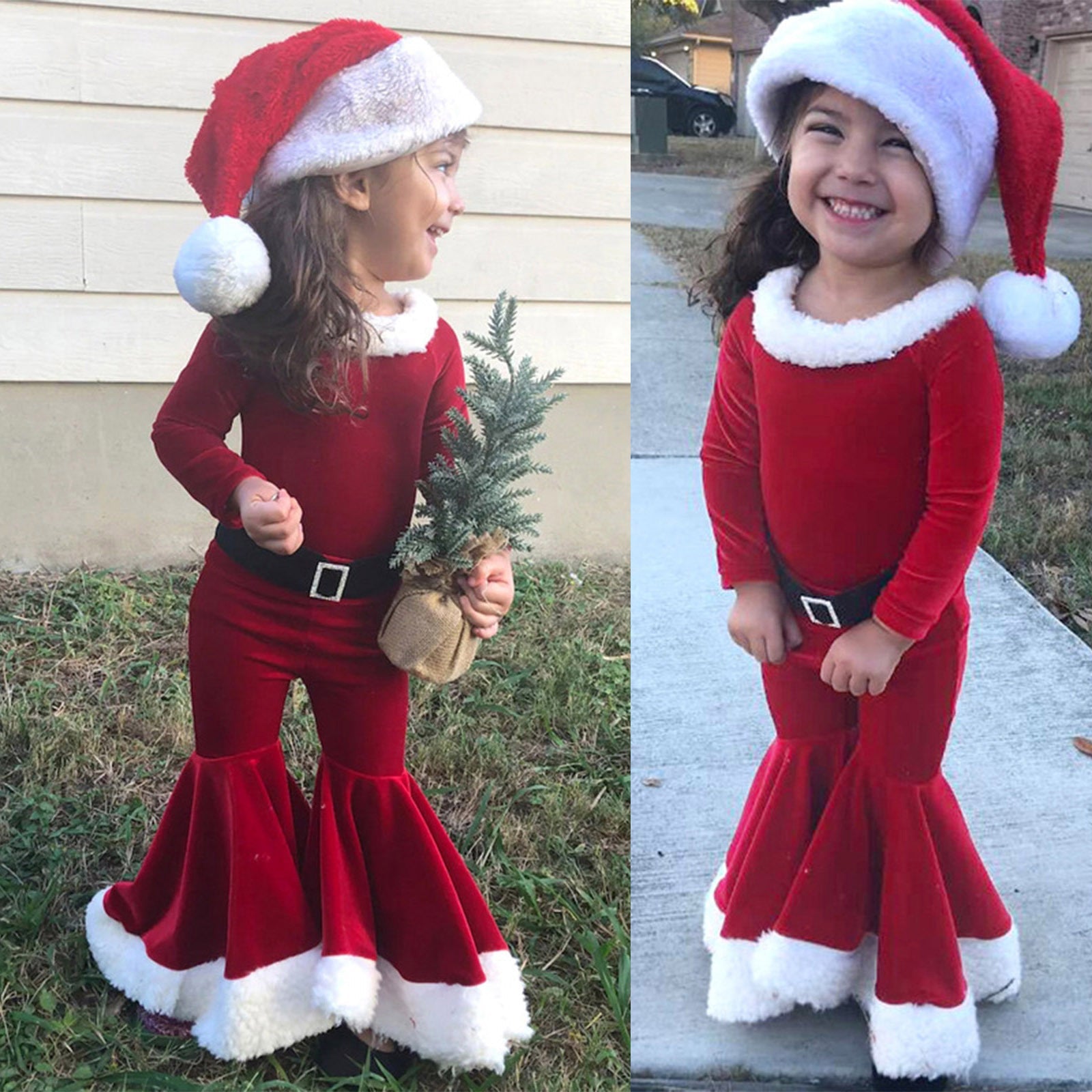 Winter Christmas Long-sleeved Shirt Bell Bottoms Hat Three-piece Children’s Clothing