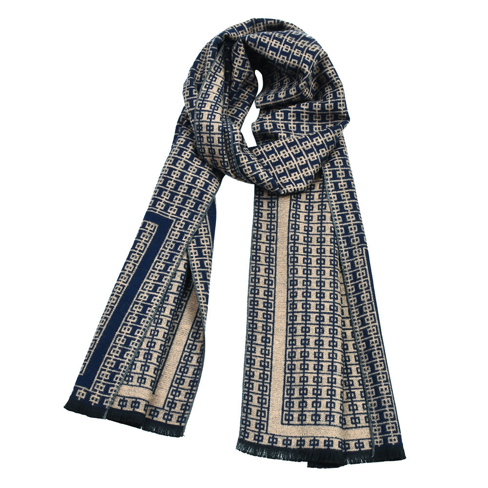 Double-sided Thick Warm Korean Men’s Knitted Scarf - Navy Blue / Above 175cm