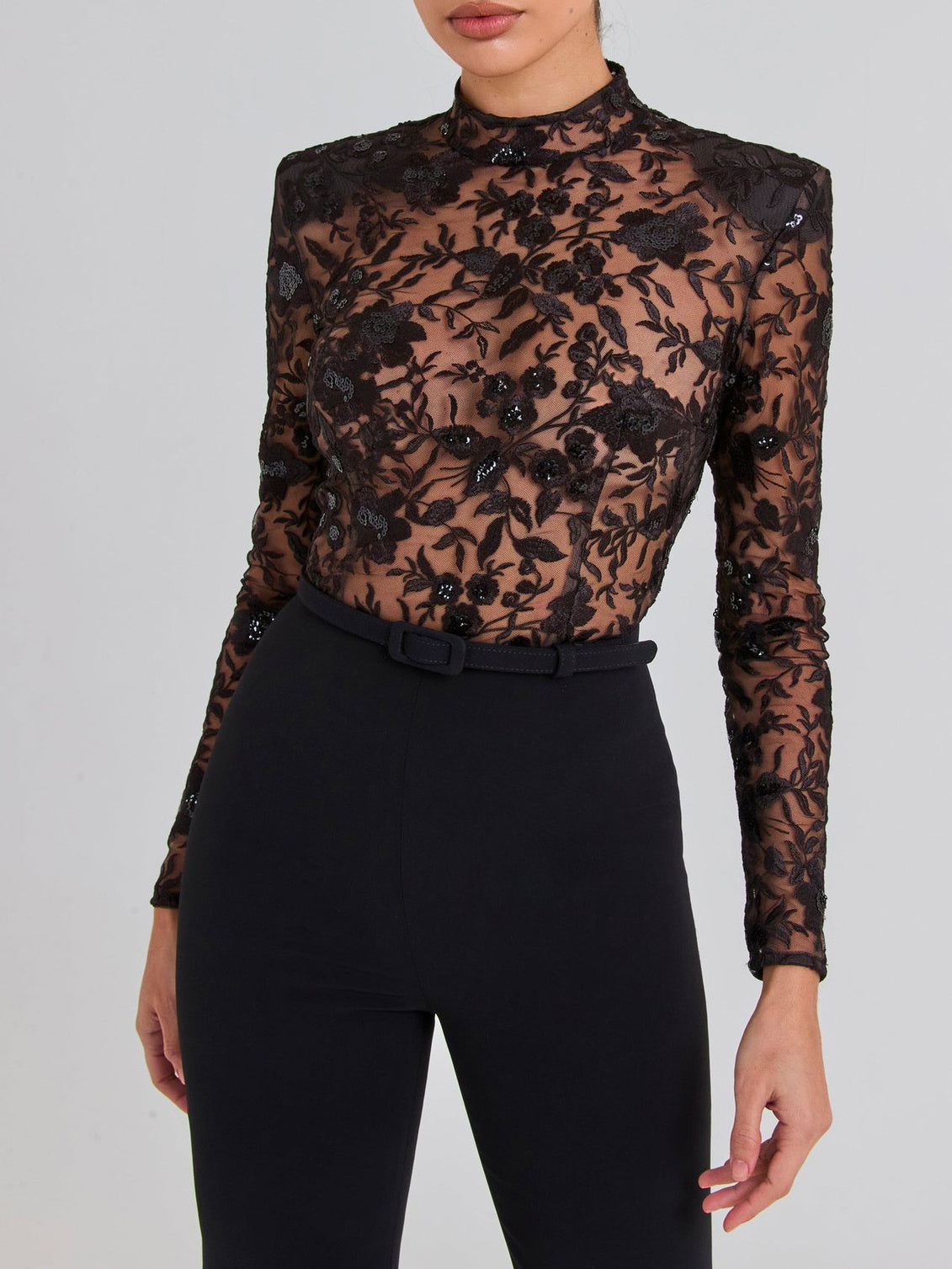 Black See-through Lace Long-sleeved Trousers Jumpsuit - 4