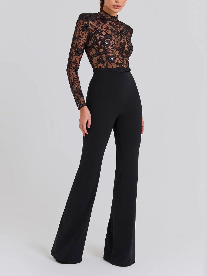 Black See-through Lace Long-sleeved Trousers Jumpsuit - 4