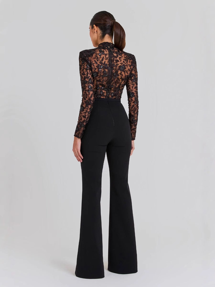 Black See-through Lace Long-sleeved Trousers Jumpsuit - 4