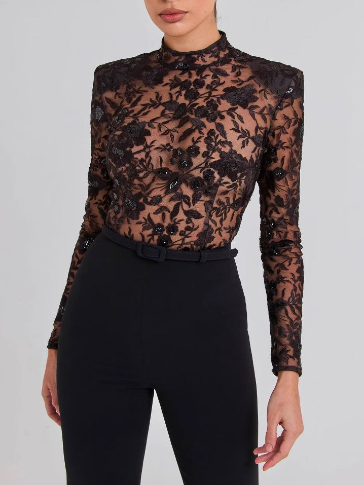 Black See-through Lace Long-sleeved Trousers Jumpsuit - 4
